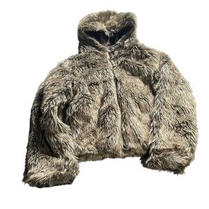 Old Navy Girls Sz L 10-12 Yrs Brown Faux Fur Hooded Dressy Winter Jacket Coat